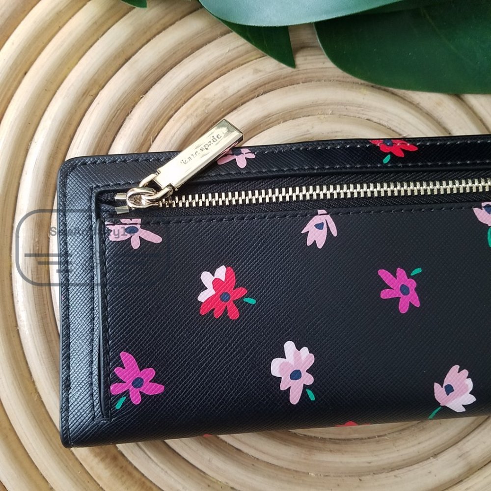 Kate Spade NWT Kate Spa Staci Ditsy Buds Large Slim Bifold Wallet in Black - Picture 6 of 14